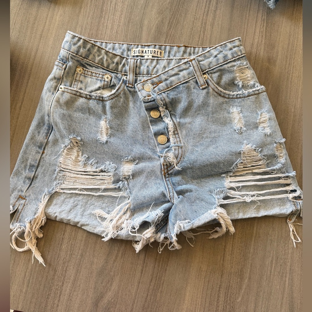 Signature Women's Ripped Jean Shorts - Light Blue